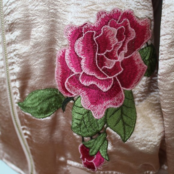 LIPSLIDE Bomber SILKY JACKET Shine EMBROIDERED Flower Detail VINTAGE - Size S - Picture 4 of 8